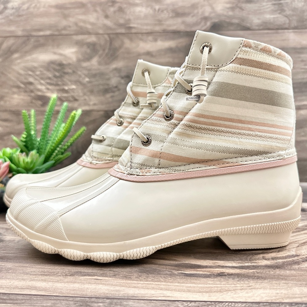 NIB Sperry Syren Gulf Playa Tan Striped Geometric Waterproof Duck Rain Boots - Picture 5 of 15